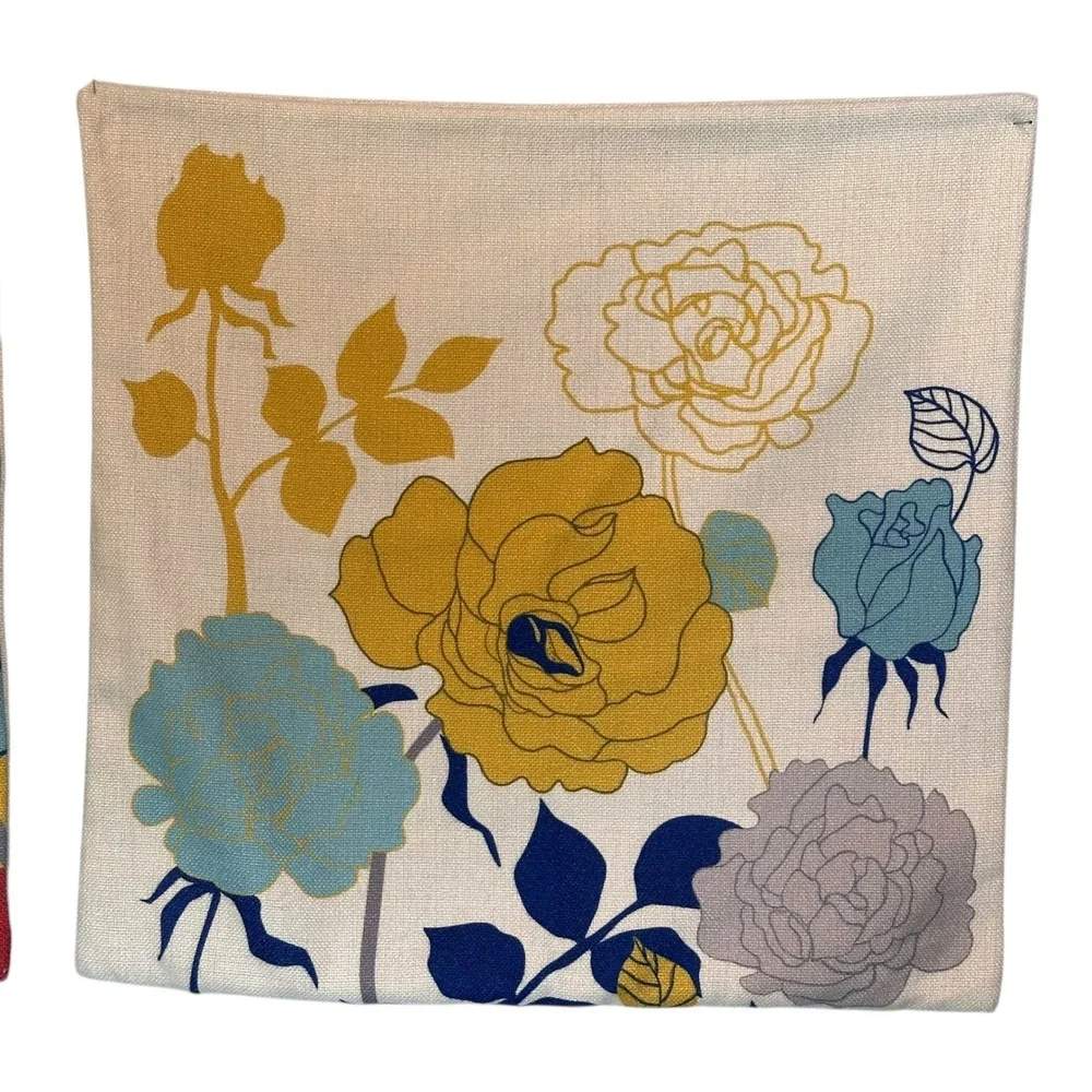 Scandi Modern Pillow Cover Set of Four Floral Bird Pillow Cotton Linen Retro MCM